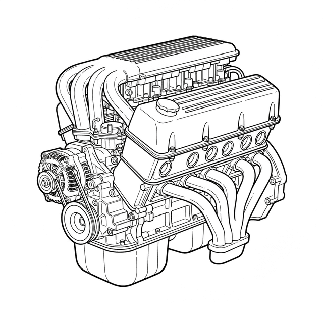Teknisk illustration av BMW M30 inline-6 SOHC motor med kamkedja