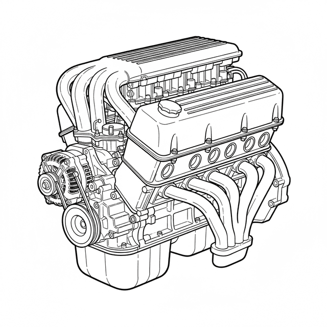 Teknisk illustration av BMW M30 inline-6 SOHC motor med kamkedja