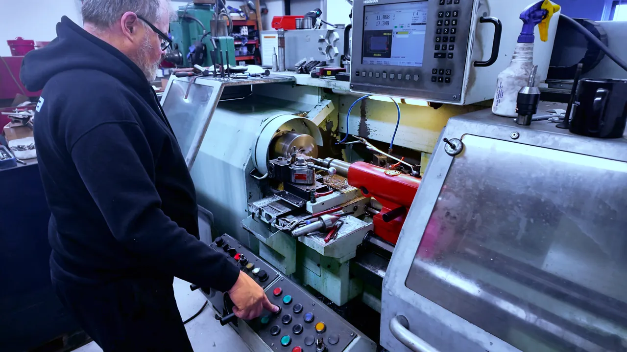 Robert Wiklund vid CNC-svarven i Mekstas verkstad i Tyresö